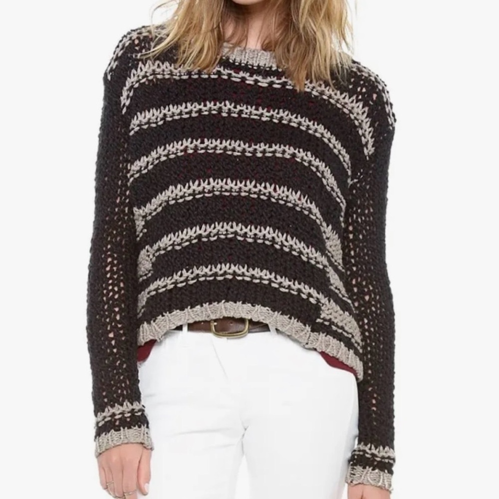 Free People Provence Open Knit Black and Tan Striped Sweater Size Medium